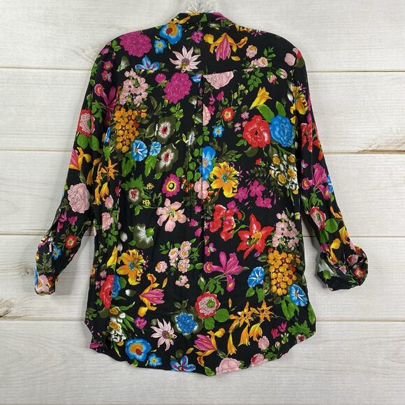 Anthro 11-1-TYLHO Top Womens M Black Floral Colorful Roll Tab Sleeve Button Up - Picture 10 of 10